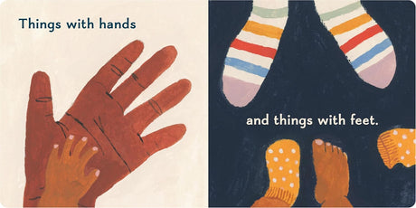 Illustration of adult and baby hands and feet with colorful socks from a tender baby board book page.