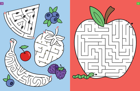 Challenging Mazes for Clever Kids showing colorful fruit-shaped mazes on blue and red backgrounds for ages 4-8.