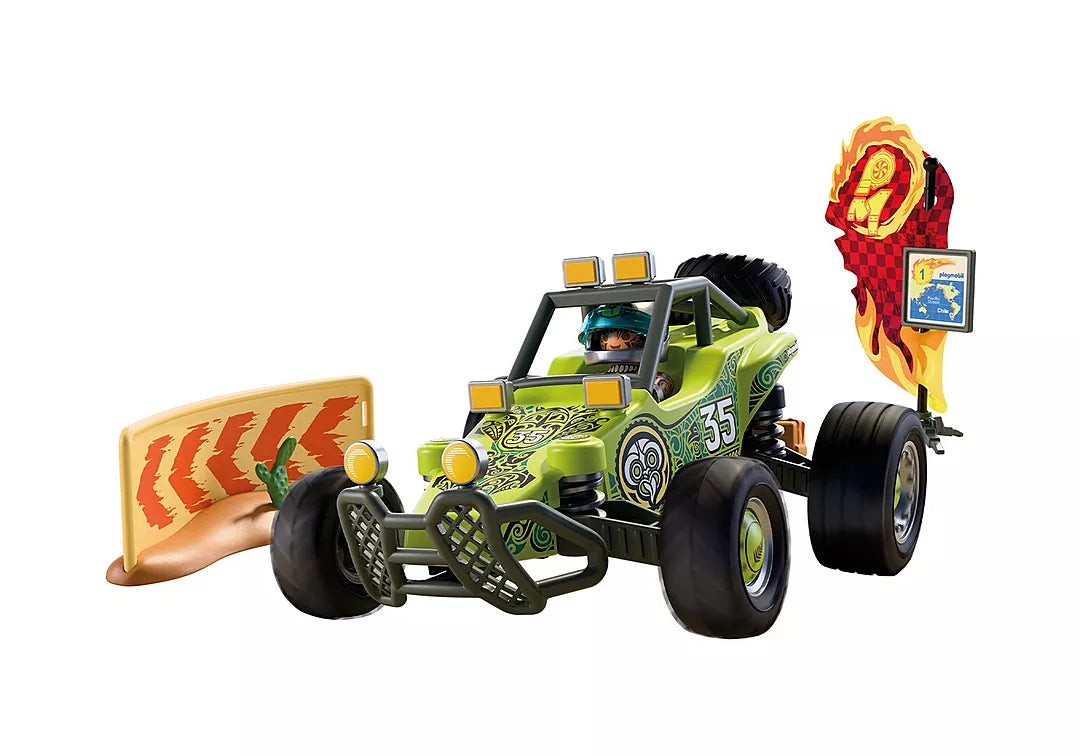 Cars | Off-Road Buggy green toy race car with oversized tires and flame-themed rear flag