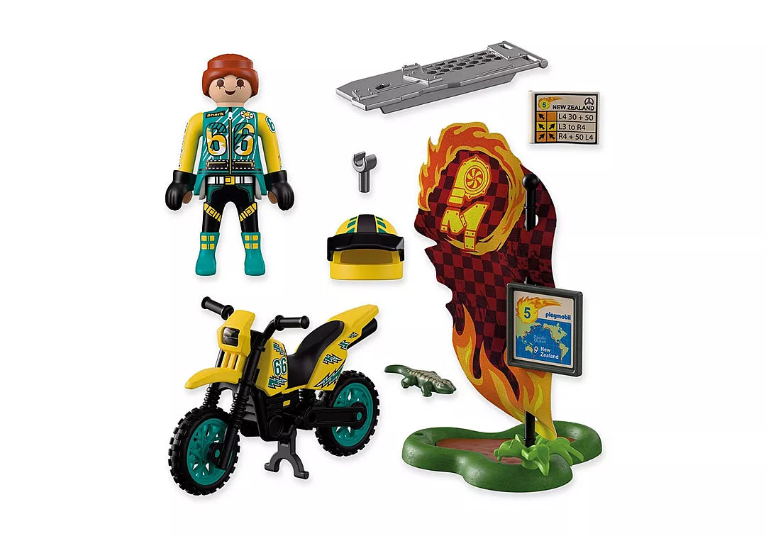Cars | Off-Road Motor Bike toy set with rider, yellow dirt bike, ramp, and accessories