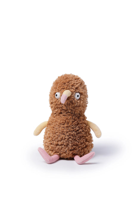 McHugs Weighted Peanut Chicken plush toy with brown fuzzy fur and pink feet