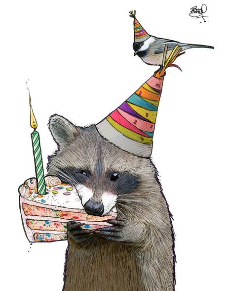 Raccoon Birthday Cake Card showing a raccoon with party hat holding a slice of cake with a lit candle and bird on hat.