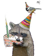 Raccoon Birthday Cake Card showing a raccoon with party hat holding a slice of cake with a lit candle and bird on hat.