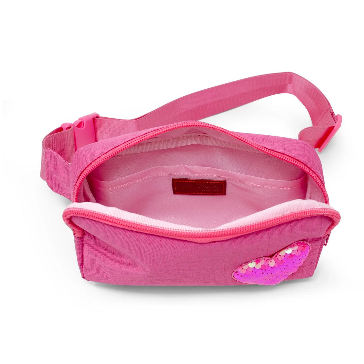 Sequin Heart Sling Bag | Hot Pink open with a sparkling sequin heart detail
