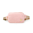 Fuzzy Heart Sling Bag in pink with tan adjustable strap and gold heart detail