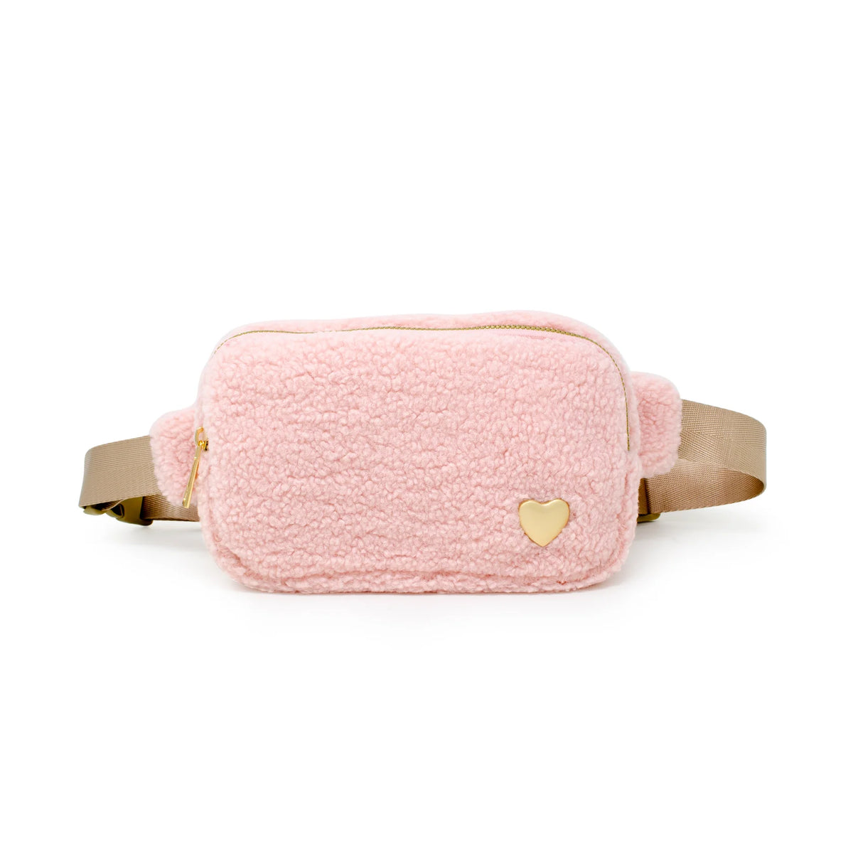 Fuzzy Heart Sling Bag in pink with tan adjustable strap and gold heart detail