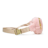Fuzzy Heart Sling Bag in pink fuzzy fabric with an adjustable beige strap and gold zipper