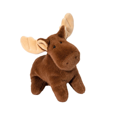 Soft brown moose plush with large beige antlers and a gentle, friendly expression standing on all fours