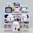 Set of six cute Ghost Life Blind Box figurines by JIN-ART Japan displayed on clear acrylic stands with Japanese designs.