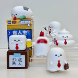 Collection of cute Ghost Life Blind Box figurines by JIN-ART Japan showing various ghost characters in ties and props.