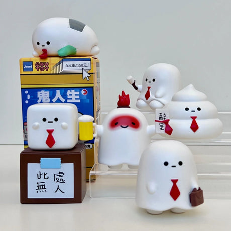 Collection of cute Ghost Life Blind Box figurines by JIN-ART Japan showing various ghost characters in ties and props.