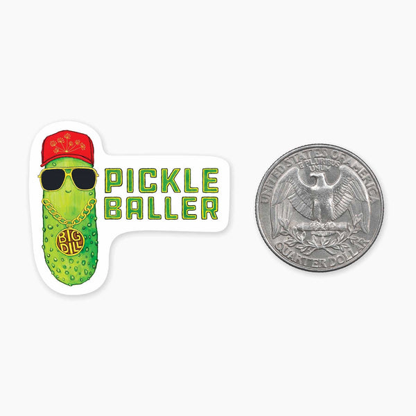 Illustration of a cool pickle wearing sunglasses, a red cap, and gold chain next to a US quarter for scale