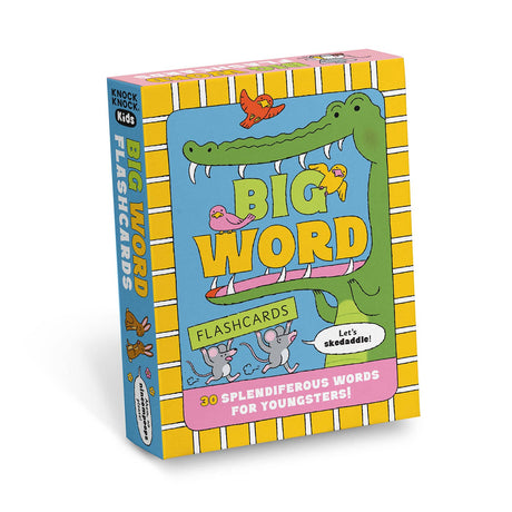 Colorful box of Big Word Flashcards with playful animal illustrations and bold yellow stripes on the edges