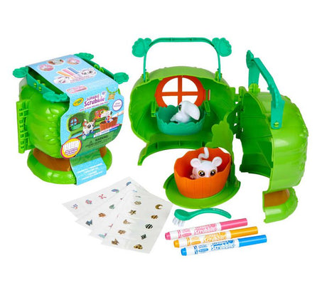Scribble Scrubbie Treehouse playset with jungle pets, markers, stickers, and carrying case for creative coloring fun.
