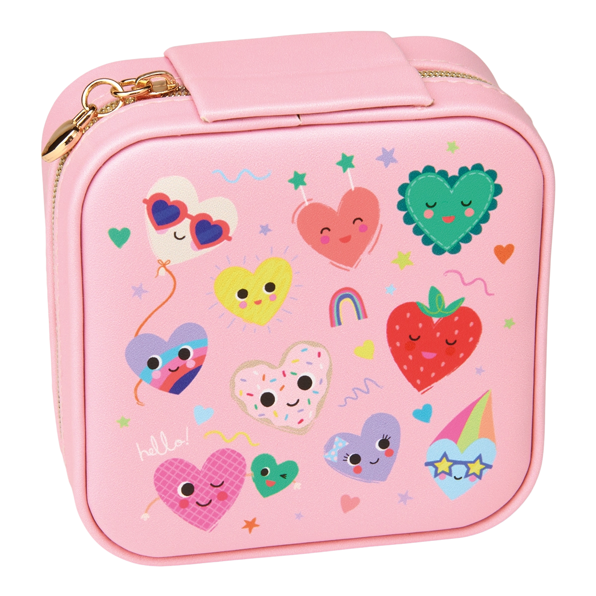 Fashion Friends Jewelry Case in pink with colorful heart and fruit designs