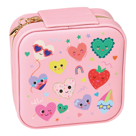 Fashion Friends Jewelry Case in pink with colorful heart and fruit designs
