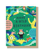 Colorful birthday card with playful jungle animals and the text Have a Wild Birthday on green background