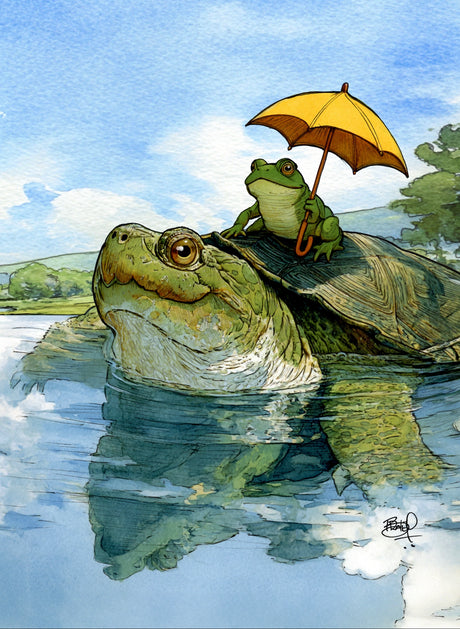 Hitching A Ride Turtle Card featuring a frog holding a yellow umbrella while riding a turtle in a pond
