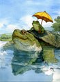 Hitching A Ride Turtle Card featuring a frog holding a yellow umbrella while riding a turtle in a pond