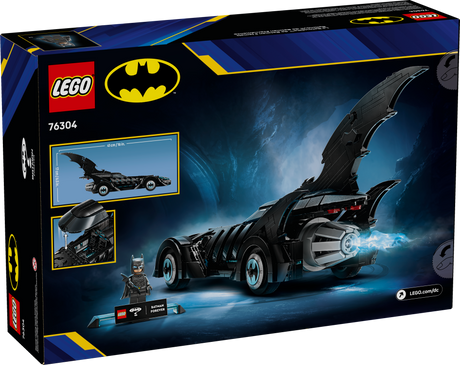 Super Heroes DC Batman Forever Batmobile LEGO set showing the Batmobile with movable parts and Batman minifigure.