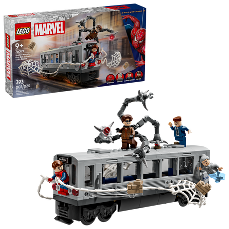 Super Heroes Marvel Spider-Man vs Doc Ock Subway Train Scene LEGO set with 4 minifigures and detailed subway train.