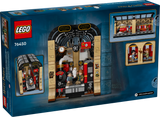 Harry Potter Book Nook: Hogwarts Express LEGO set showing train, platform 9¾ arch, and minifigures Harry and Ron with pets.