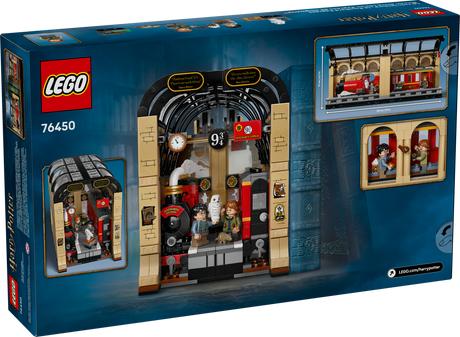 Harry Potter Book Nook: Hogwarts Express LEGO set showing train, platform 9¾ arch, and minifigures Harry and Ron with pets.