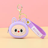 Labubu Head Coin Purse in purple with cute face and ears, attached to a "BOOM!" keychain wrist strap.