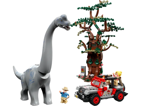 Brachiosaurus LEGO, three minifigures in a LEGO Jurassic Park branded car, and a LEGO tree.