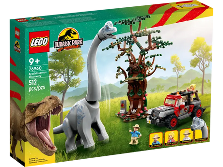 The front of a Jurassic Park LEGO set called Brachiosaurus Discovery. Includes 512 pieces. For ages 9 and up.