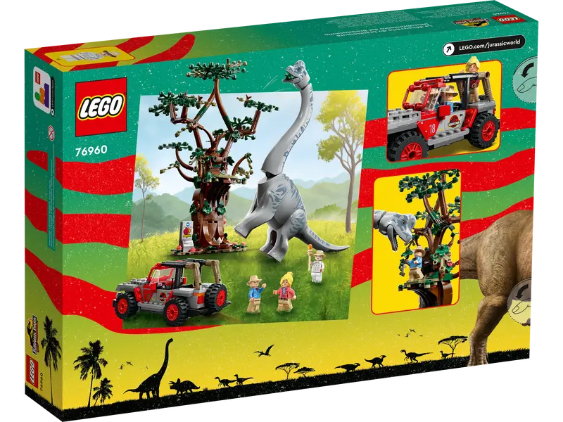 Back of the box of a Jurassic Park LEGO set, Brachiosaurus Discovery. 512 pieces, includes three figures. For ages 9 and up.