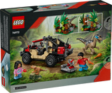 LEGO Jurassic Raptor Off-Road Escape set with vehicle, velociraptor, minifigures, and dinosaur play accessories.