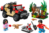 Jurassic Raptor Off-Road Escape LEGO set with off-road vehicle, Velociraptor, minifigures, and dinosaur play accessories.