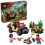 LEGO Jurassic Raptor Off-Road Escape set with off-road vehicle, Velociraptor, Baby Dolores, and Reuben and Isabella minifigures.