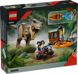 LEGO Jurassic T. Rex River Escape set featuring movable T. rex, minifigures, ATV, boat, and destroyable shed playset.