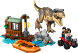 Jurassic T. Rex River Escape LEGO set with T. rex, minifigures, shed, boat, ATV, and river scene for kids 5+ years.