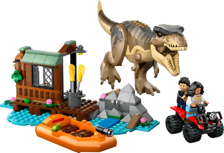 Jurassic T. Rex River Escape LEGO set with T. rex, minifigures, shed, boat, ATV, and river scene for kids 5+ years.