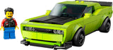 Speed Dodge Challenger SRT Hellcat LEGO model in lime green with driver minifigure and detailed muscle car features.