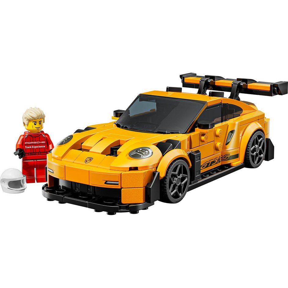 Speed Porsche 911 GT3 RS Super Car toy with detailed rear wing, headlights, and driver minifigure in racing outfit.