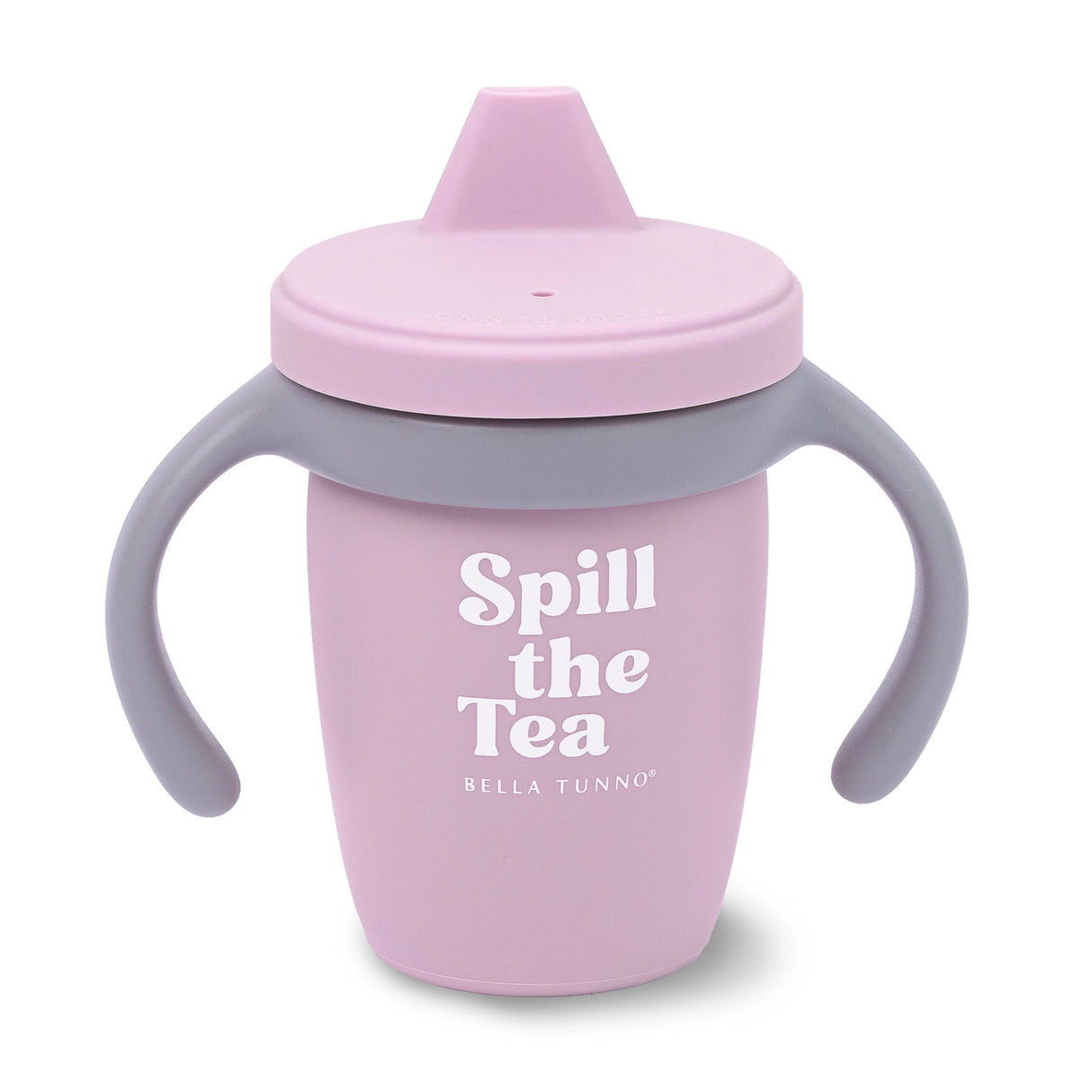 Pink toddler sippy cup with gray handles and lid featuring the phrase "Spill the Tea" in white letters
