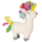 Rainbow Unicorn Felt Ornament with a colorful mane and horn, handcrafted from natural wool for festive decor.