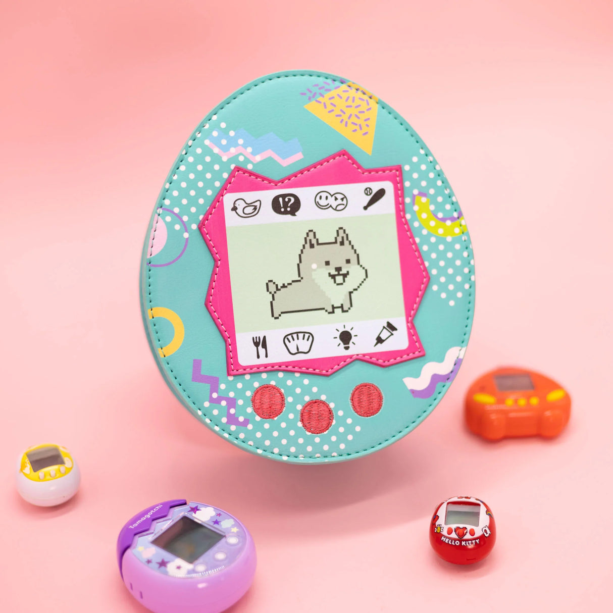 Handbag | Virutal Pet Friend Dog shaped like a retro virtual pet with zipper closure and adjustable strap.