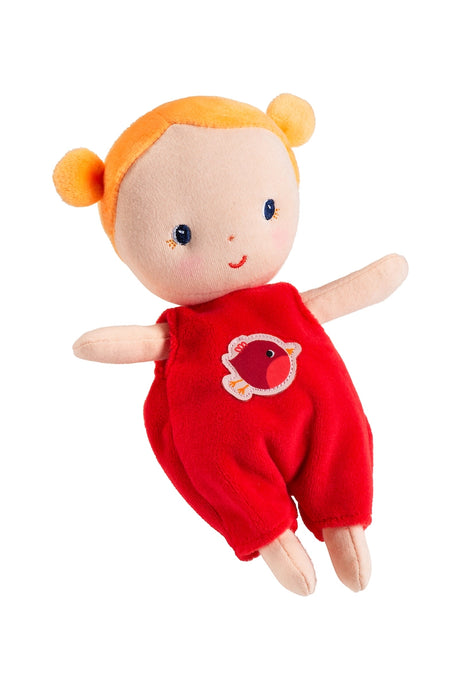 Baby & Carrier | Agathe soft doll with red outfit and bird patch, perfect for imaginative play and caring skills.