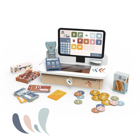 Wooden toy cash register with play money, coins, scanner, and pretend groceries for imaginative learning and counting.