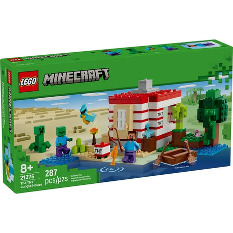 LEGO Minecraft TNT Jungle House set with Steve, Creeper, boat, parrot, and explosive action for kids ages 8 and up