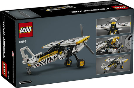 LEGO Technic Bush Plane toy set with zebra print, spinning propeller, adjustable ailerons, and visible piston engine features.