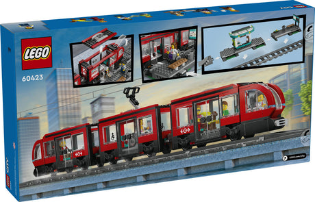 LEGO City Downtown Streetcar and Station set with red streetcar, station platform, coffee shop, and six minifigures.