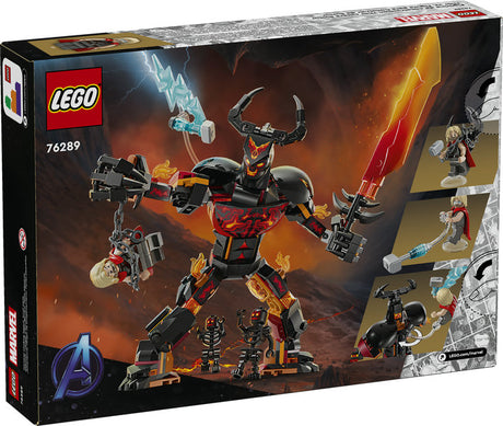 Super Heroes Marvel Thor vs Surtur Construction Figure featuring Thor, fire demons, and posable Surtur with fiery sword.