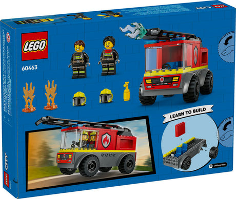 LEGO City Fire Ladder Truck with driver cab, raisable ladder, two firefighter minifigures, and toy extinguisher playset.
