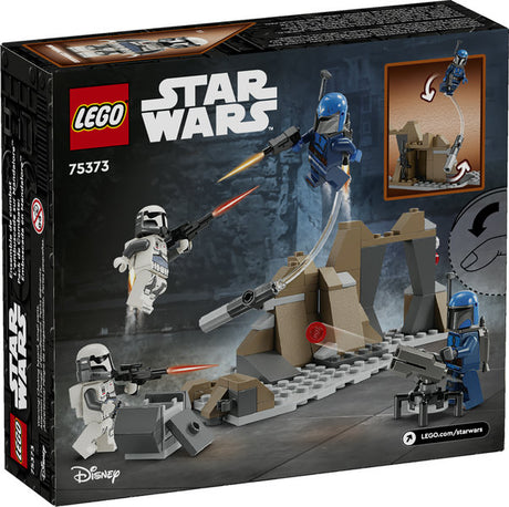 LEGO Star Wars Ambush on Mandalore Battle Pack with minifigures, jetpack, weapons, and buildable rock formation playset.